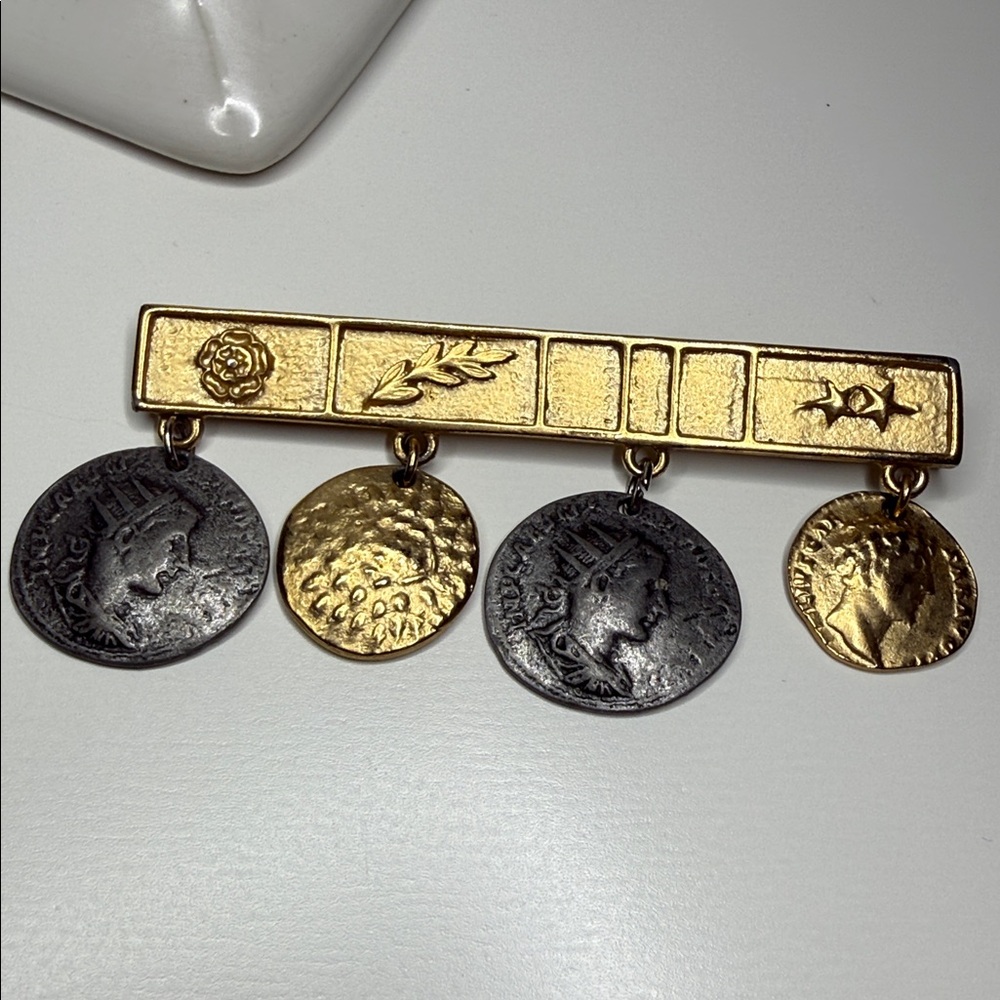 Vintage Gold and Silver tone simulated Coin Bar Brooch pin